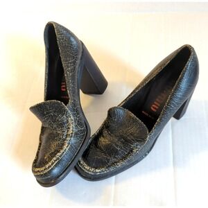 Vintage 1990's Miu Miu Cracked Leather Shoes Pump Heels 37.5 US 7 Block Heel
